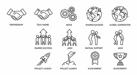 Partnership and Collaboration Line Icon Set – Thin Linear Vector Illustrations of Teamwork, Cooperation, Mutual Support, and Shared Success

