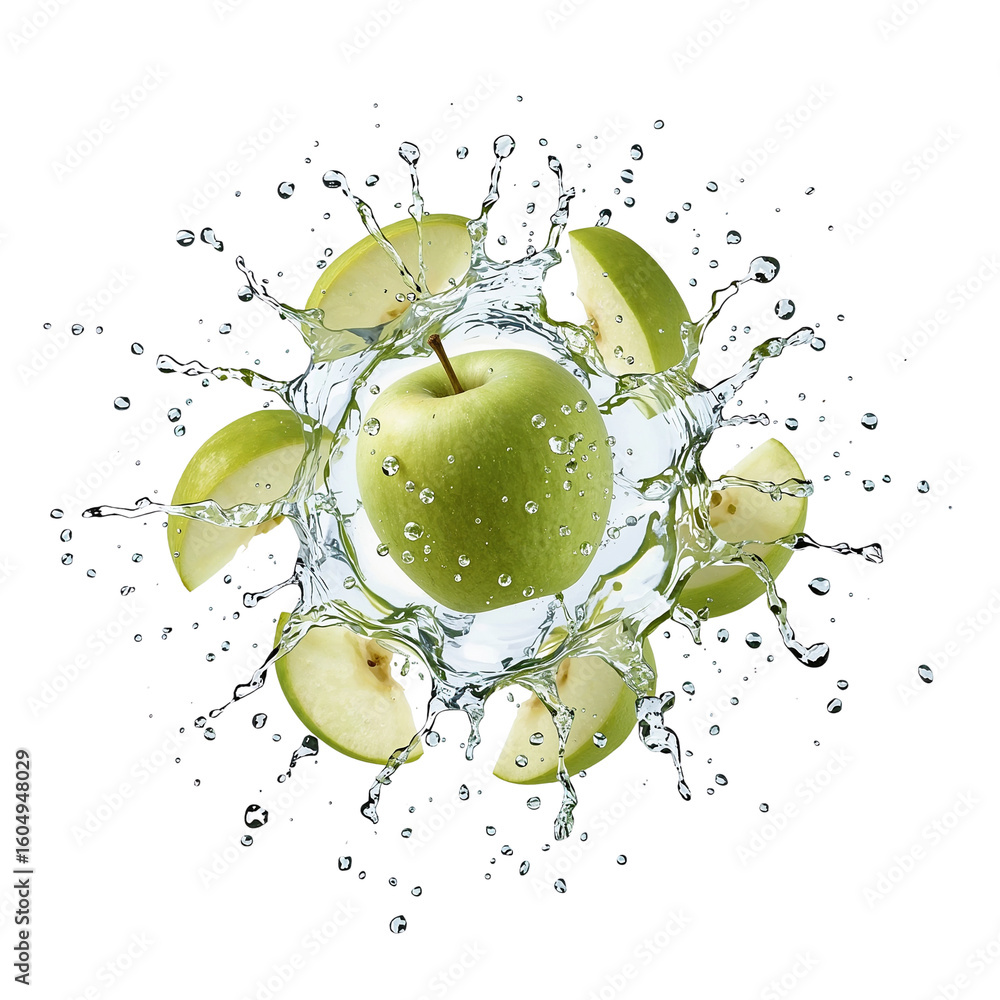 Poster vibrant green apple core and wedges encircled in a dynamic burst of pristine liquid splashes