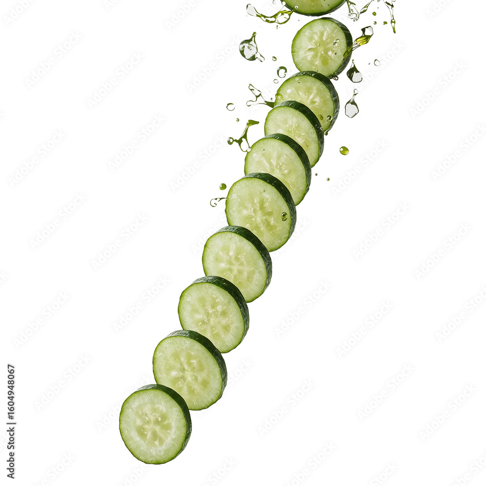 Poster cascading freshness glistening cucumber slices gracefully descending on a minimalist scene