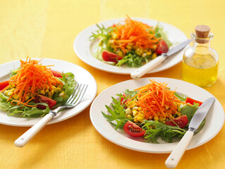 Three plates of vibrant vegetable salad are presented with cutlery and olive oil