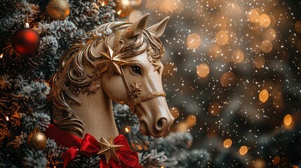 Christmas carousel horse, festive backdrop