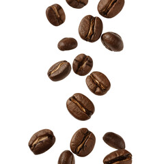 Floating coffee beans showcasing rich texture and aroma on a simple clean background perfect for