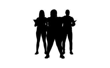 A strong, confident silhouette of three people standing in a close-knit formation, holding papers.