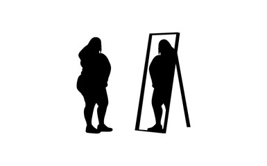 A silhouette of an obese woman standing beside a mirror, reflecting her image.