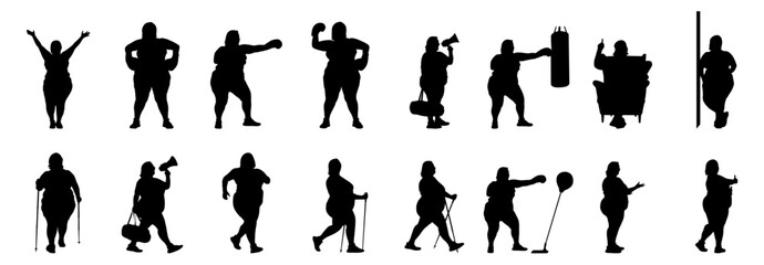 A collection of black and white silhouette illustrations of overweight people performing various activities like exercising, walking with walkers, lifting weights, and more.vector set.