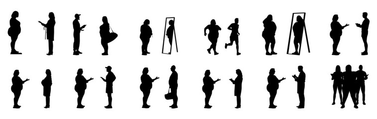 Black vector silhouette set of men and women in various poses, including standing, walking, talking, and using a phone.