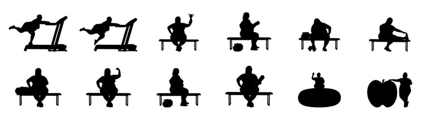 A fat woman sitting on a bench in the park. She is sitting on a bench in different styles. Vector illustration set.