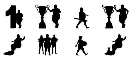 A set of black silhouettes depicting a fat woman performing various sports and achieving feats.