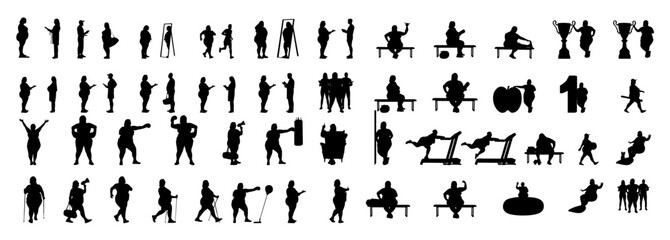 A collection of black and white silhouette illustrations of overweight people performing various activities like exercising, walking with walkers, lifting weights, and more.vector set.