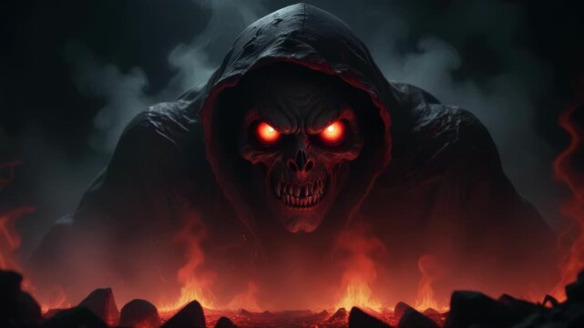 Hooded demon skull glowing in fiery hellscape