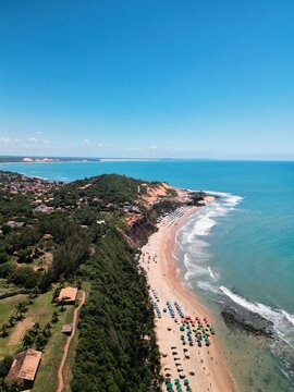 Aerial view of Praia da Pipa and Chapad&atilde;o cliffs in Pipa, Rio Grande do Norte, Brazil, showing paradise beaches, blue sea, and dramatic coastline &ndash; perfect summer destination