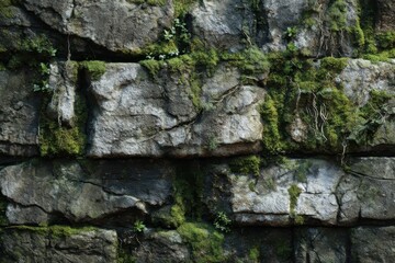 Textured Stone Wall with Moss An outdoor scenery showing a stacked rock wall adorned with green moss, creating a natural, weathered texture.