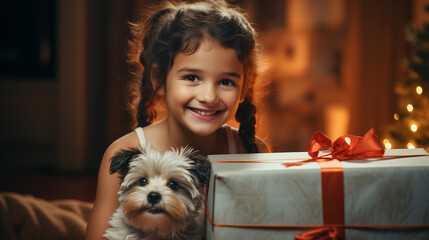 Girl smiling with dog beside Christmas present in cozy living room  