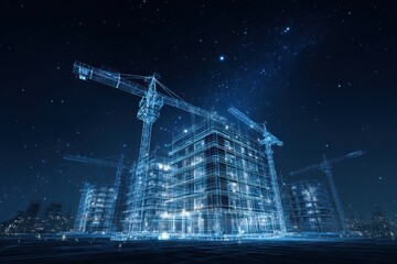 Futuristic digital blueprint of a building under construction. A glowing hologram representing smart architecture and engineering technology.