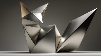 Stylized metal fox sculpture in geometric design with sharp angles  