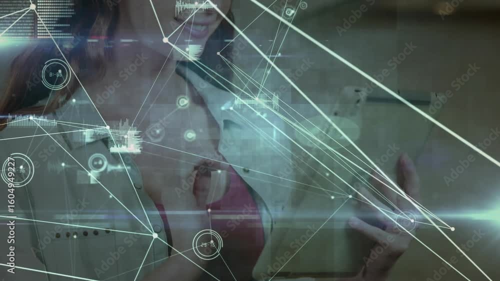 Poster woman holding tablet tapping screen and initiating animated network graphs for data analysis