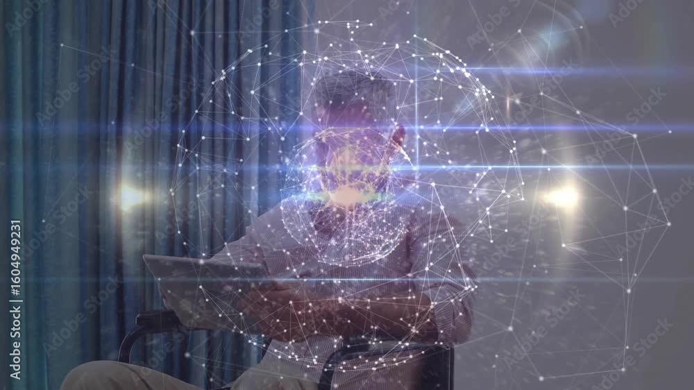 Poster senior man holding tablet looking down displaying rotating sphere pulsing nodes for tech analysis