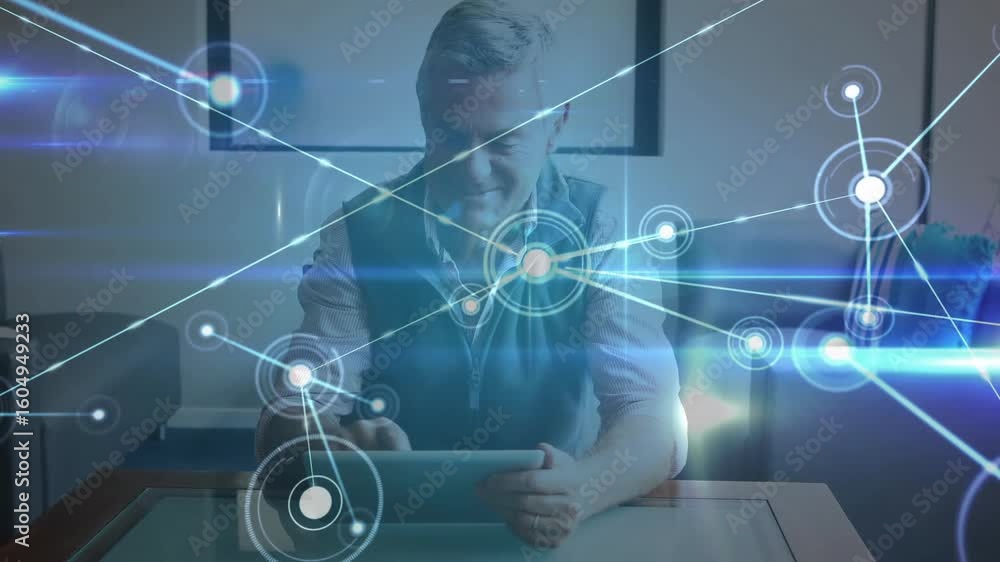 Poster senior man tapping tablet activating technology network visualizing data nodes through living room
