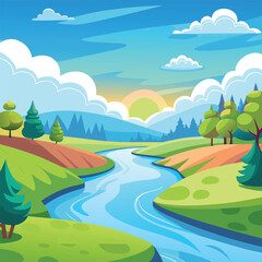 Obraz premium Cartoon Landscape with Cheerful Animals A Bright and Colorful Illustration