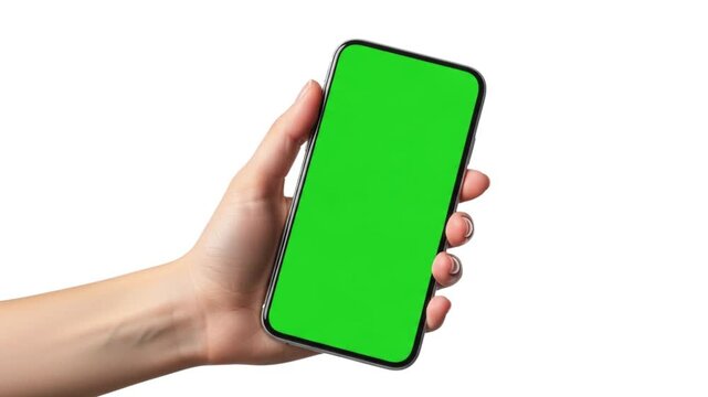 Human's hand shows mobile smartphone with green screen in vertical position isolated on white background
