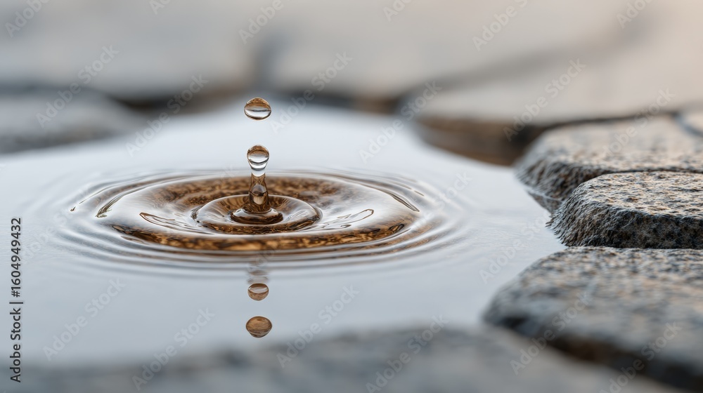 Poster close up view of a single water droplet splashing onto a thin layer of water on a stone surface, cre