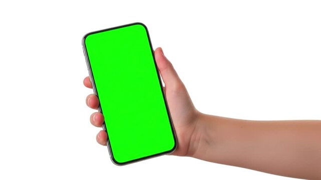 Human's hand shows mobile smartphone with green screen in vertical position isolated on white background
