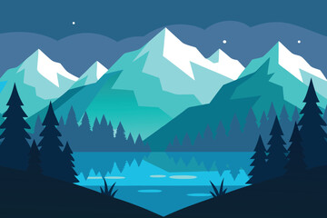 Vector landscape Serene snow-capped mountains reflected in a tranquil lake at night under a starry sky.