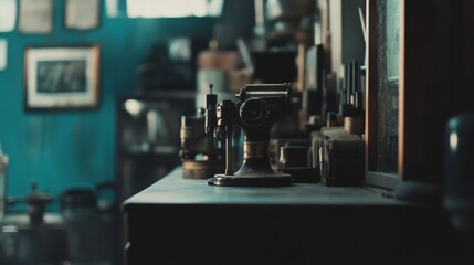 Fototapeta premium Retro vintage coffee shop interior with espresso machine and nostalgic ambiance in soft lighting