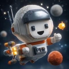 Voxel art chibi astronaut floating in space with planets nearby  
