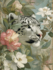Snow leopard's head surrounded by flowers and foliage in vintage style  