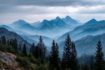 Fototapeta premium Vast mountain landscapes stretching toward the horizon, where towering peaks rise above dense forests, offering an inspiring view of naturea??s raw beauty.