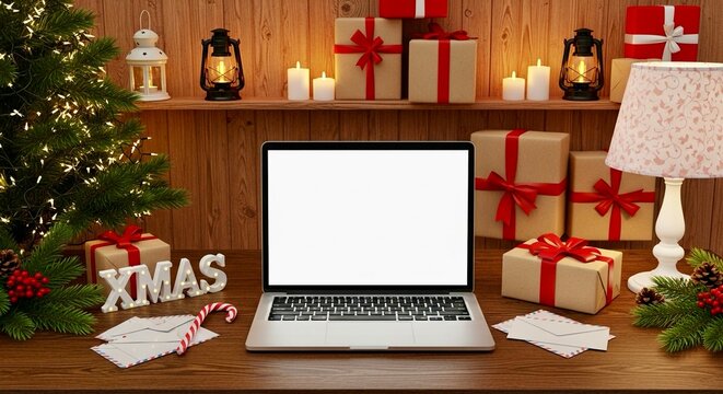 A laptop with a blank screen is on a wooden desk, surrounded by Christmas decorations like a tree, gifts, and lanterns.