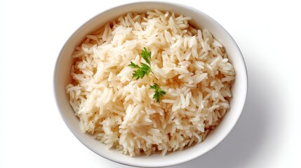 Bowl of Steamed White Rice Garnished with Parsley on a Clean White Background