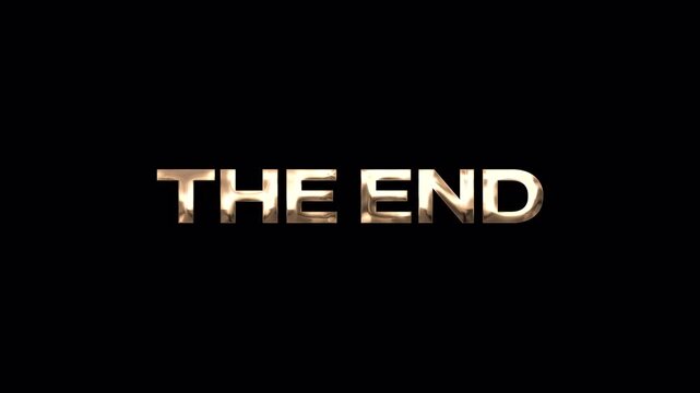 The End text glitch gold animation | 4K seamless cinematic outro title | Digital retro game-style closing scene for movie trailer, credit screen, futuristic end banner