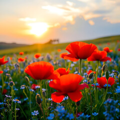 Naklejka premium A stunning meadow full of vibrant red poppies and delicate blue wildflowers is bathed in the warm glow of sunset