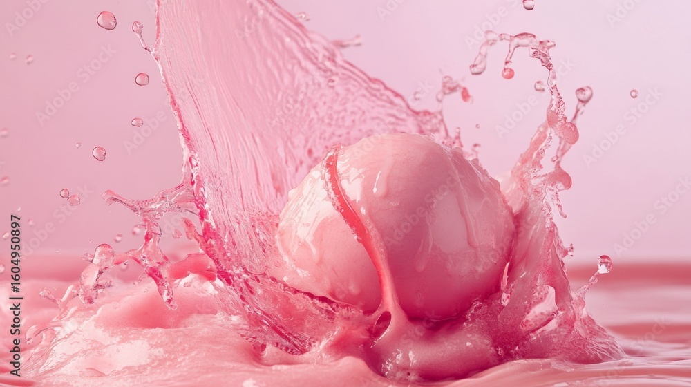 Poster pink liquid splash with round object impact for dynamic motion abstract drink explosion concept phot