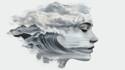 Woman's profile blended with ocean waves and cloudy sky  