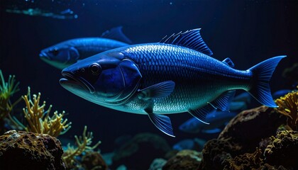 Fototapeta premium Branco di pesci blu elettrico che nuotano insieme nelle profondità marine, creando un affascinante spettacolo subacqueo di vita marina tropicale