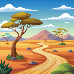 Cartoon Style African Landscape Vector Illustration with Vibrant Colors and Simple Design