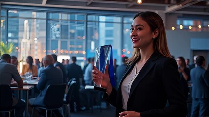 Corporate employee receiving award and celebrating and success at rewards and recognition event