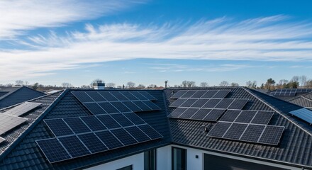 Fototapeta premium Rows of solar panels installed on residential house rooftops capture sunlight under a clear blue sky, promoting sustainable energy solutions.