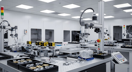 A high-tech cleanroom laboratory with advanced robotic arms and automated manufacturing equipment.