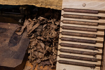 Elaboración artesanal de puros en La Palma, detalle de las hojas y puros