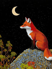 Red fox sitting on rock under crescent moon in night sky  