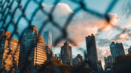 City skyline through a fence