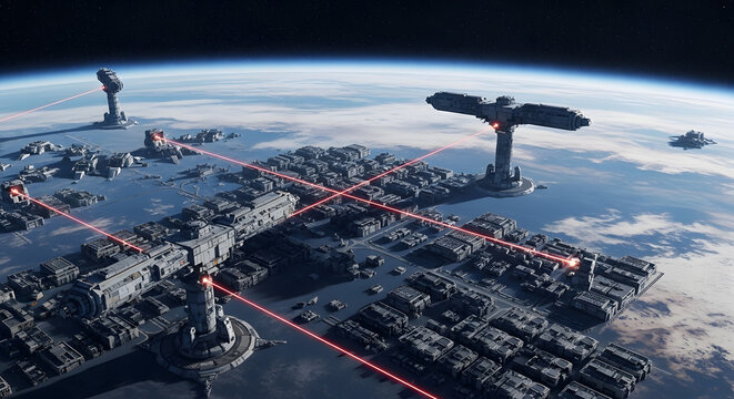 Futuristic orbital platforms with a laser defense grid orbiting a blue planet. - Powered by Adobe