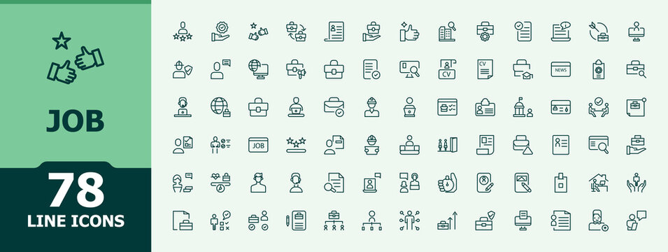 Job line icon set. Containing work, teamwork, team, resource, worker, business and more. Teamwork icon set in linear style. Minimalist icons pack. Editable vector stroke.