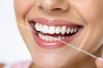 Fototapeta premium Woman s bright white smile with dental floss cleaning her teeth