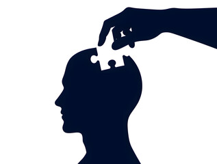 Completing the Puzzle of the Mind: A striking silhouette of a person's head is artfully completed with a puzzle piece by hand, symbolizing a moment of clarity and insight.