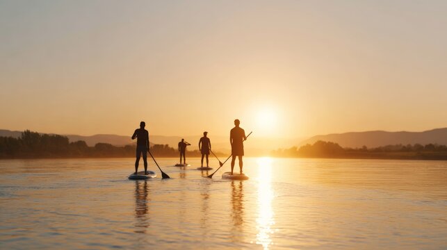 Five friends enjoy a peaceful paddle boarding excursion at sunset on a calm lake, creating a serene and inspiring scene of outdoor recreation and camaraderie